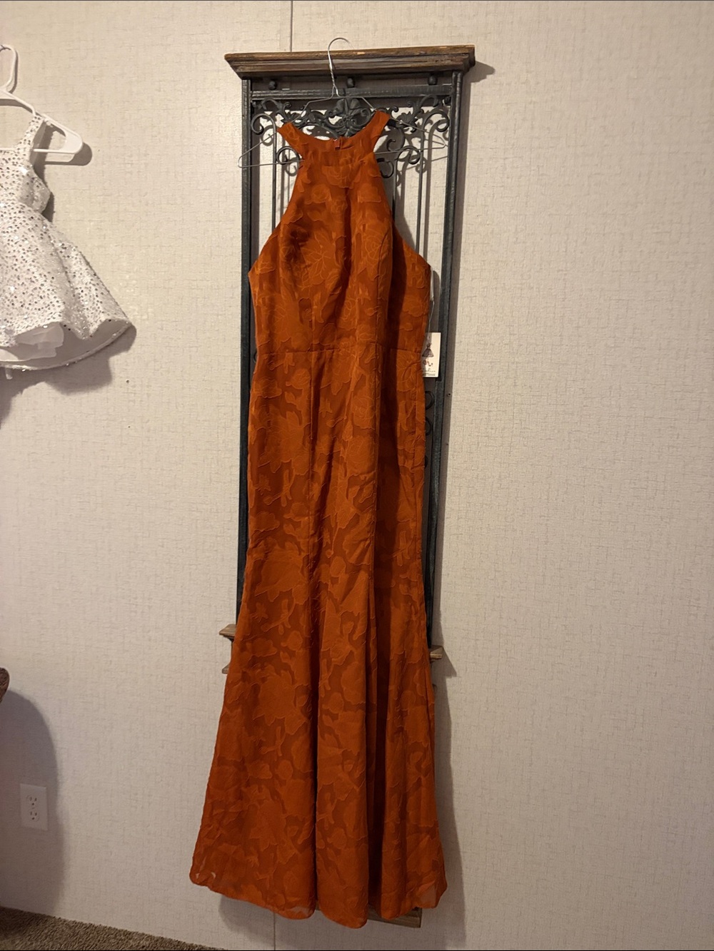 Halter Neck Maxi Dress in Rust Floral Jacquard
